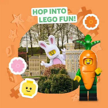 Bunny Suit Guy character peeking out from behind LEGO model of Windsor Castle in Miniland with the caption "Hop into LEGO fun!"