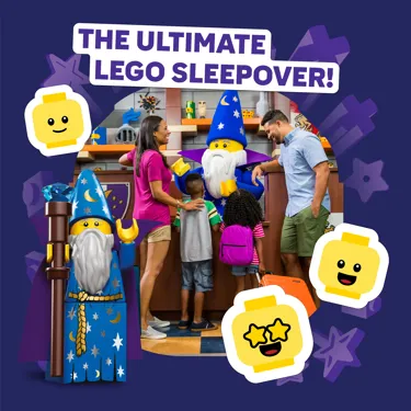 Family meeting Wizard Minifigure character at the LEGOLAND Castle Hotel with the caption "The Ultimate LEGO Sleepover!"