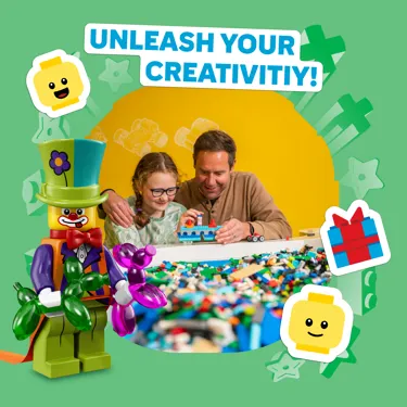 Family building with LEGO in The Brick with the caption "Unleash your Creativity!"