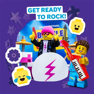 Battle of the Bands characters at LEGO Festival with the caption "Get Ready to Rock!"
