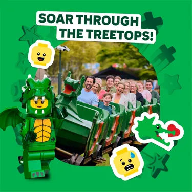 Families on The Dragon coaster with caption "Soar through the Treetops!"