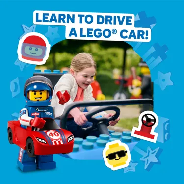 Girl driving LEGO City Driving School car with the Caption "Learn to Drive a LEGO car!"