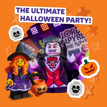Lord Vampyre character and dancers at Lord Vampyre's House Party during Brick or Treat with the caption "The Ultimate Halloween Party!"