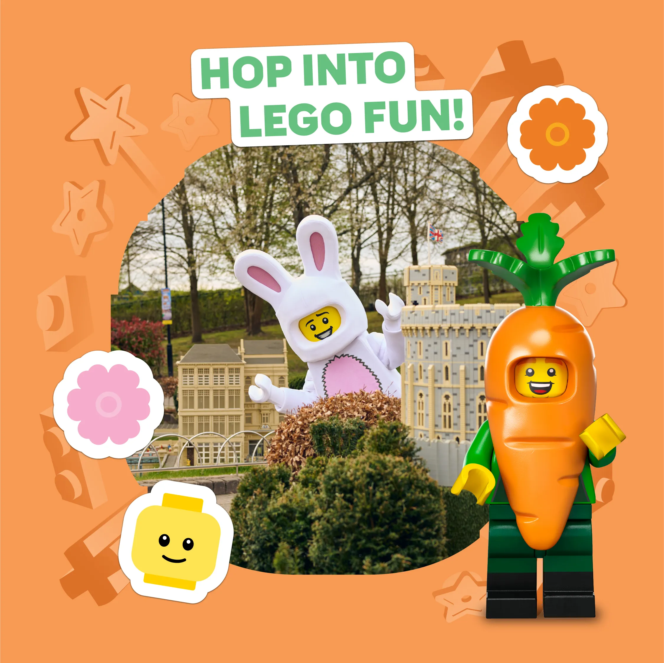 Bunny Suit Guy character peeking out from behind LEGO model of Windsor Castle in Miniland with the caption 