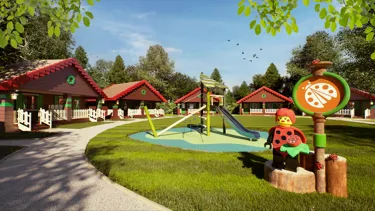 Artist's impression of Ladybird Cluster of Standard Woodland Lodges including play area and LEGO theming