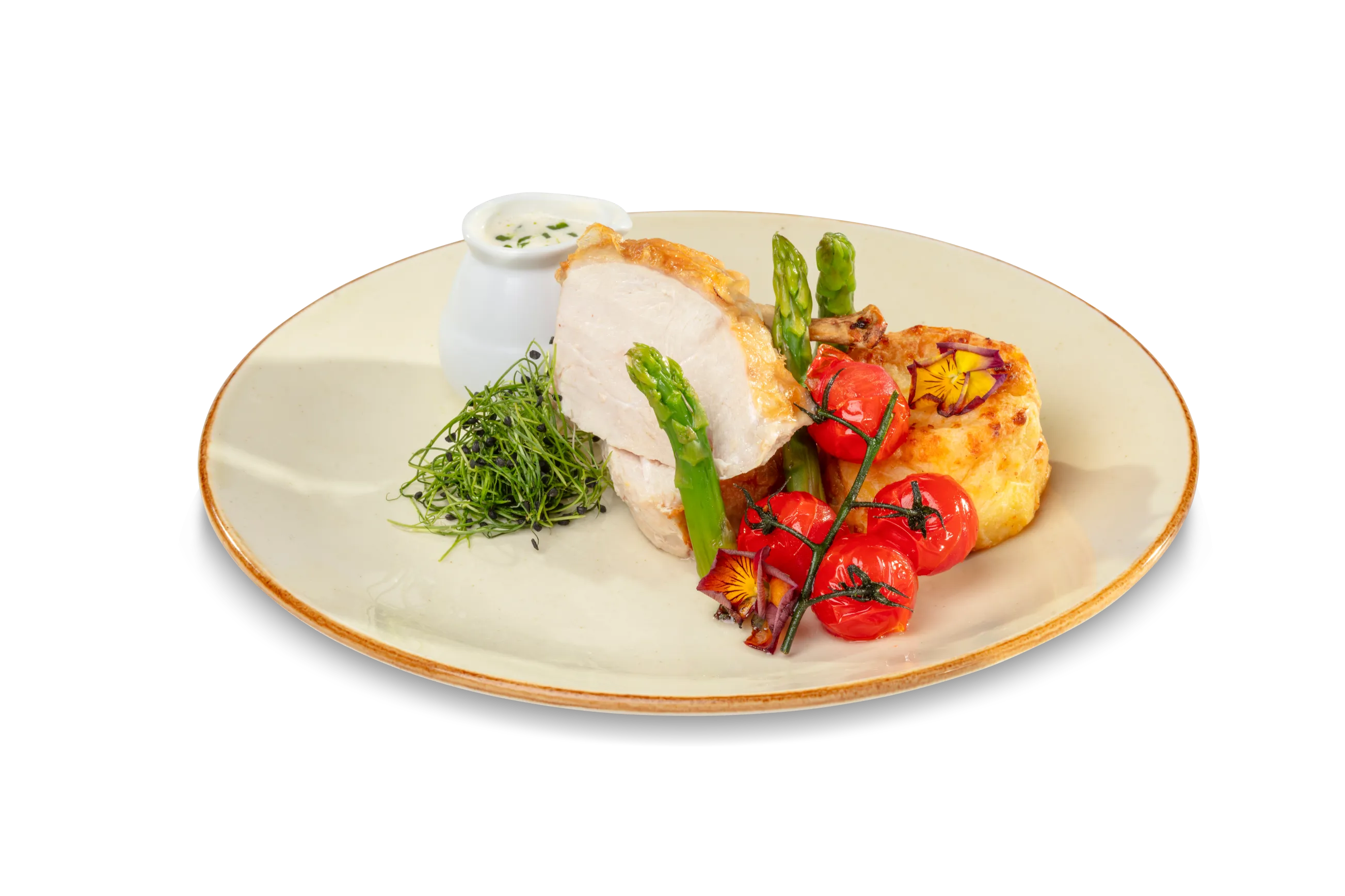 Chicken Supreme - Chicken supreme served with dauphinoise Potatoes, Asparagus and a creamy tarragon sauce.