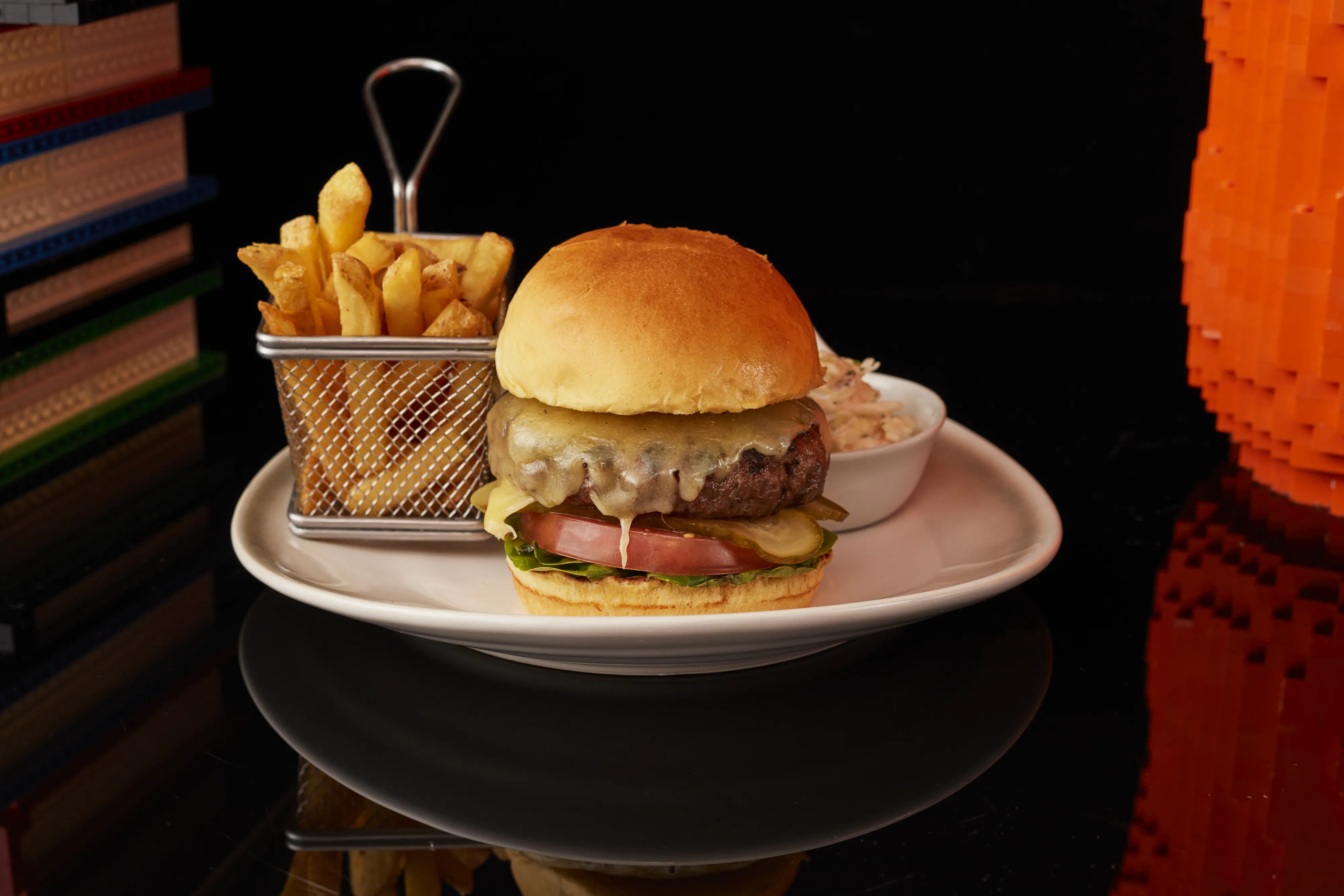 Bricks 8oz Beef Burger - Brioche Bun, Beef Tomato, Coleslaw, Skinny Fries, Gherkins