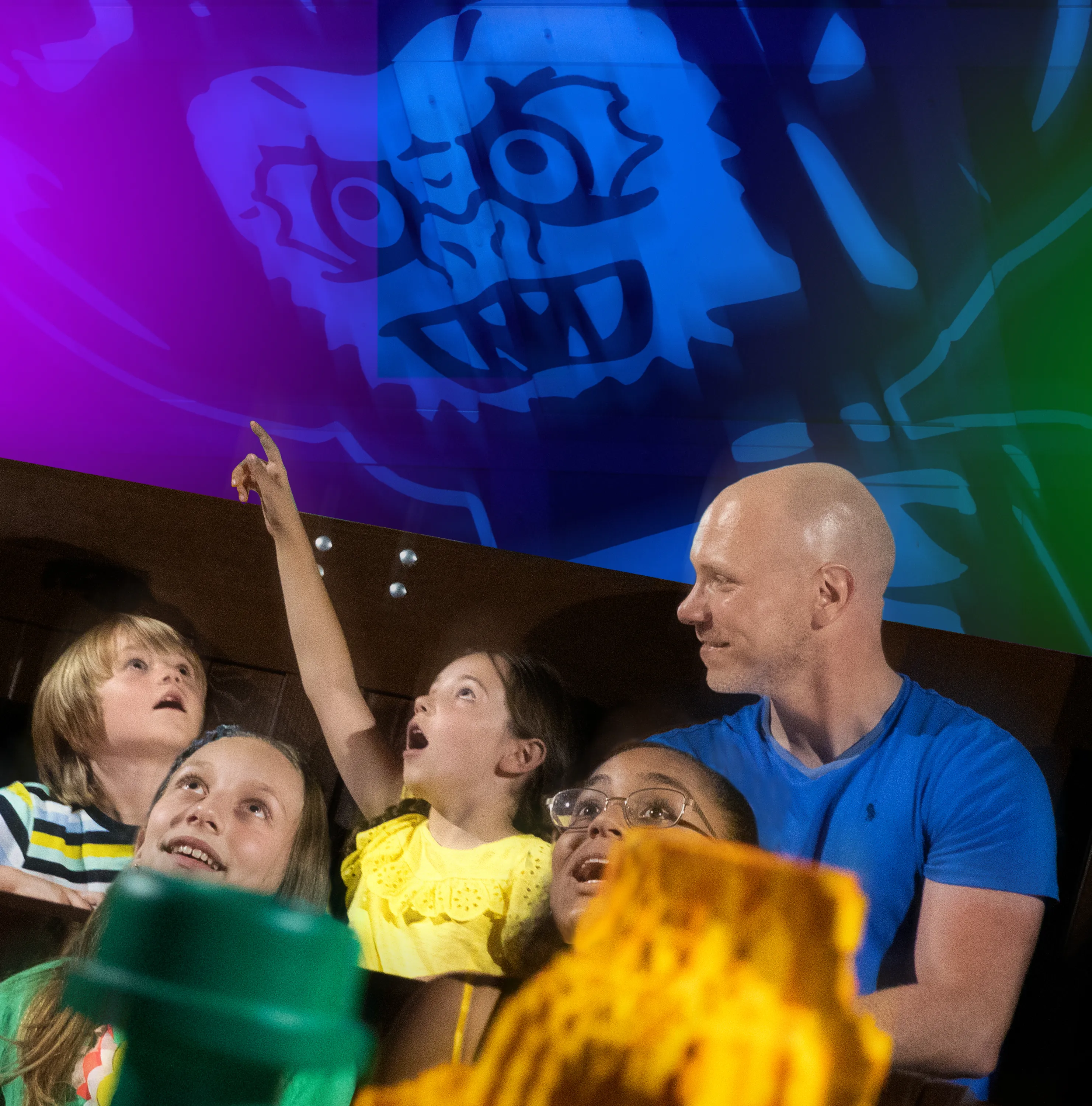 Girl pointing with family inside Haunted House Monster Party at the LEGOLAND Windsor Resort