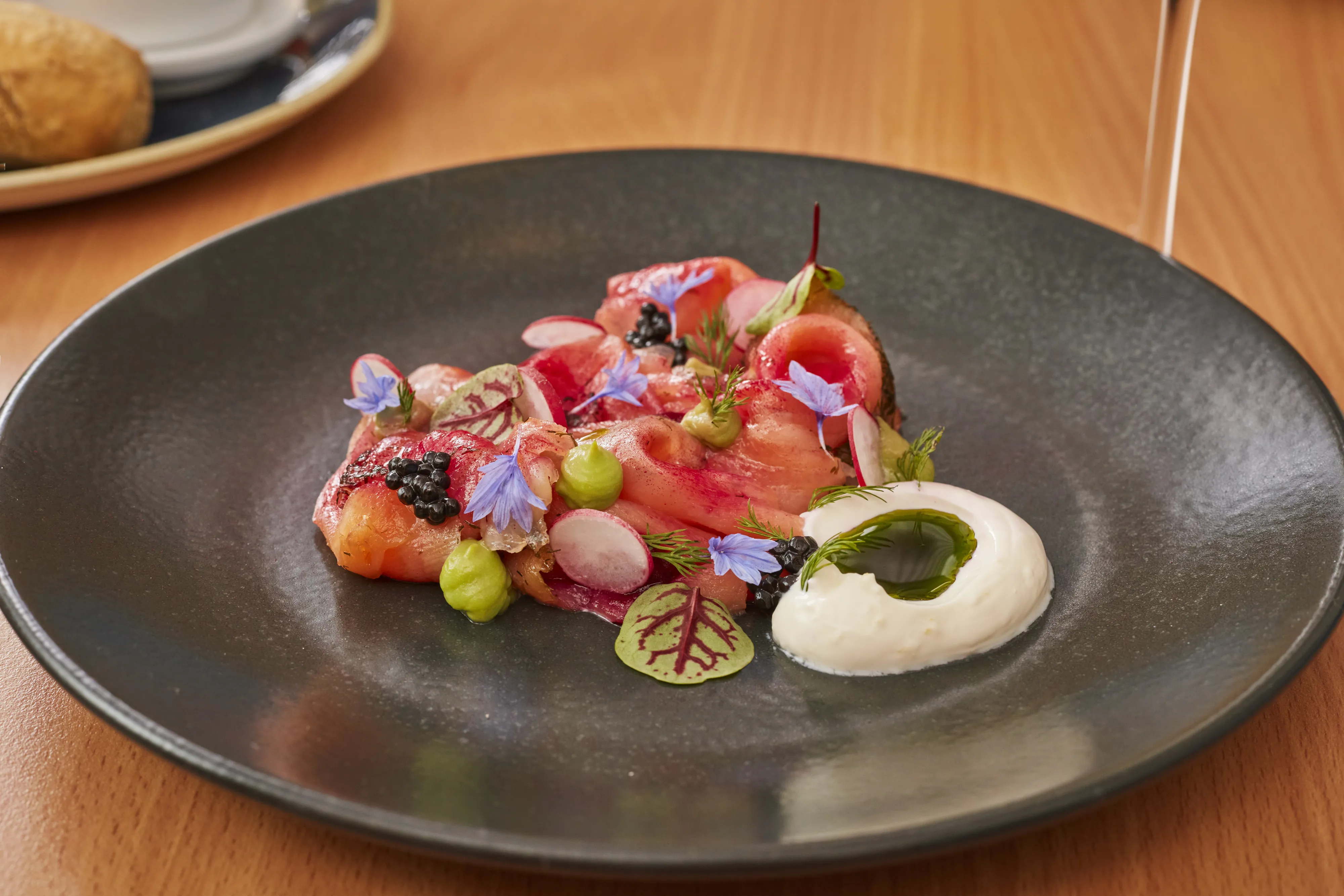 Beetroot Cured Salmon - Lime Greek Yogurt, Avocado, Radish Caviar, Dill Oil