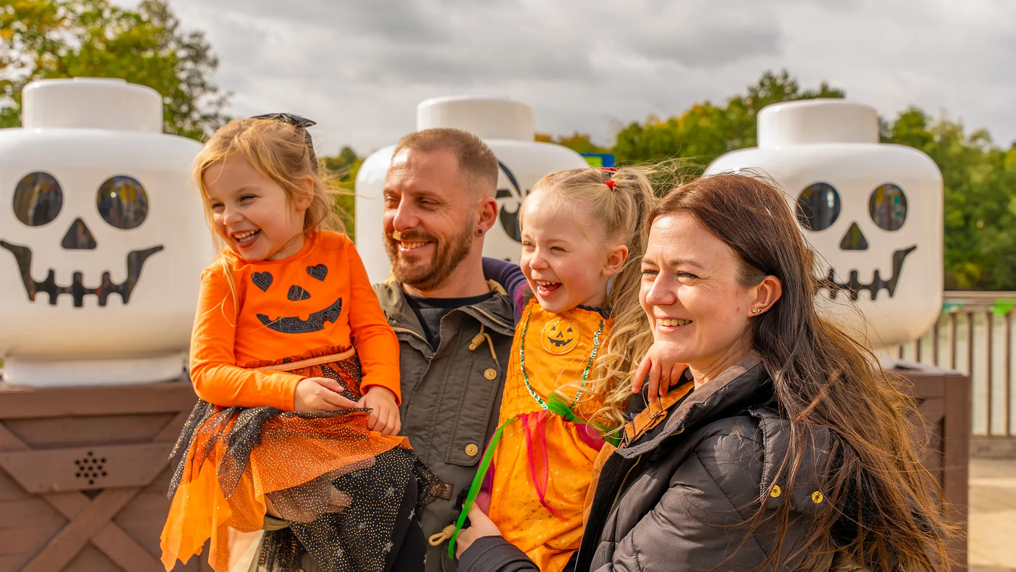 Family In Front Of LEGO Skeleton Heads at Brick or Treat at LEGOLAND Windsor
