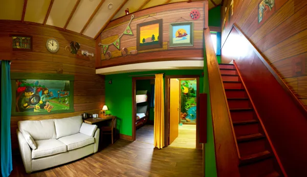 View inside two storey Premium Woodland Lodge at the LEGOLAND Woodland Village