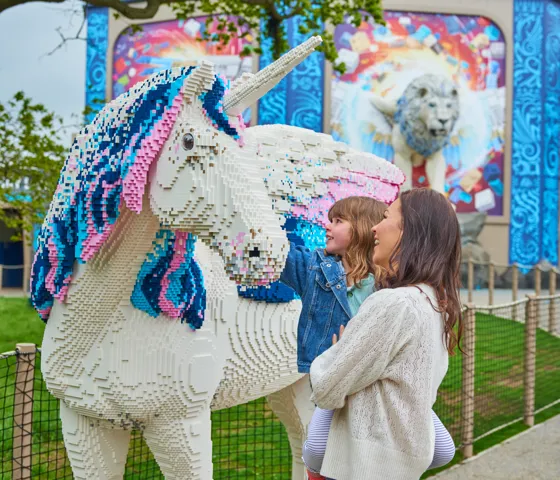Mother and daughter looking at LEGO model of an Alicorn