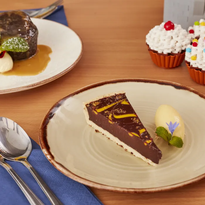 Chocolate & Orange Tart - Orange Sorbet; Sticky Toffee Pudding - Clotted Cream, Salted Caramel Sauce