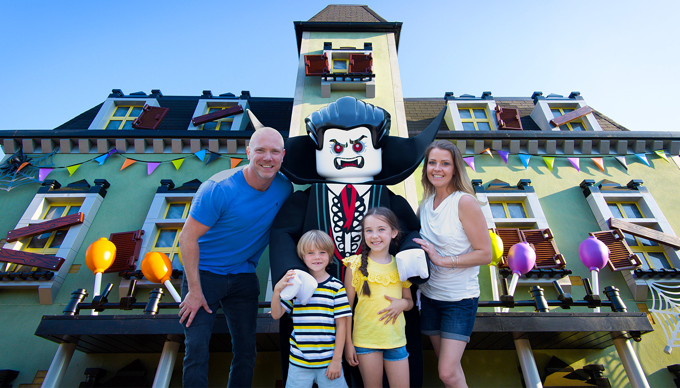 Family with Lord Vampyre outside Haunted House Monster Party at the LEGOLAND Windsor Resort