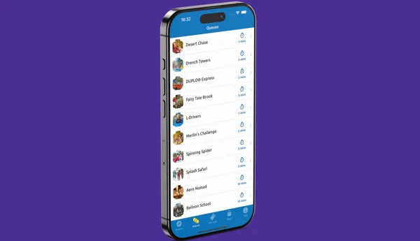 Screenshot of the Queue Times feature on the LEGOLAND App