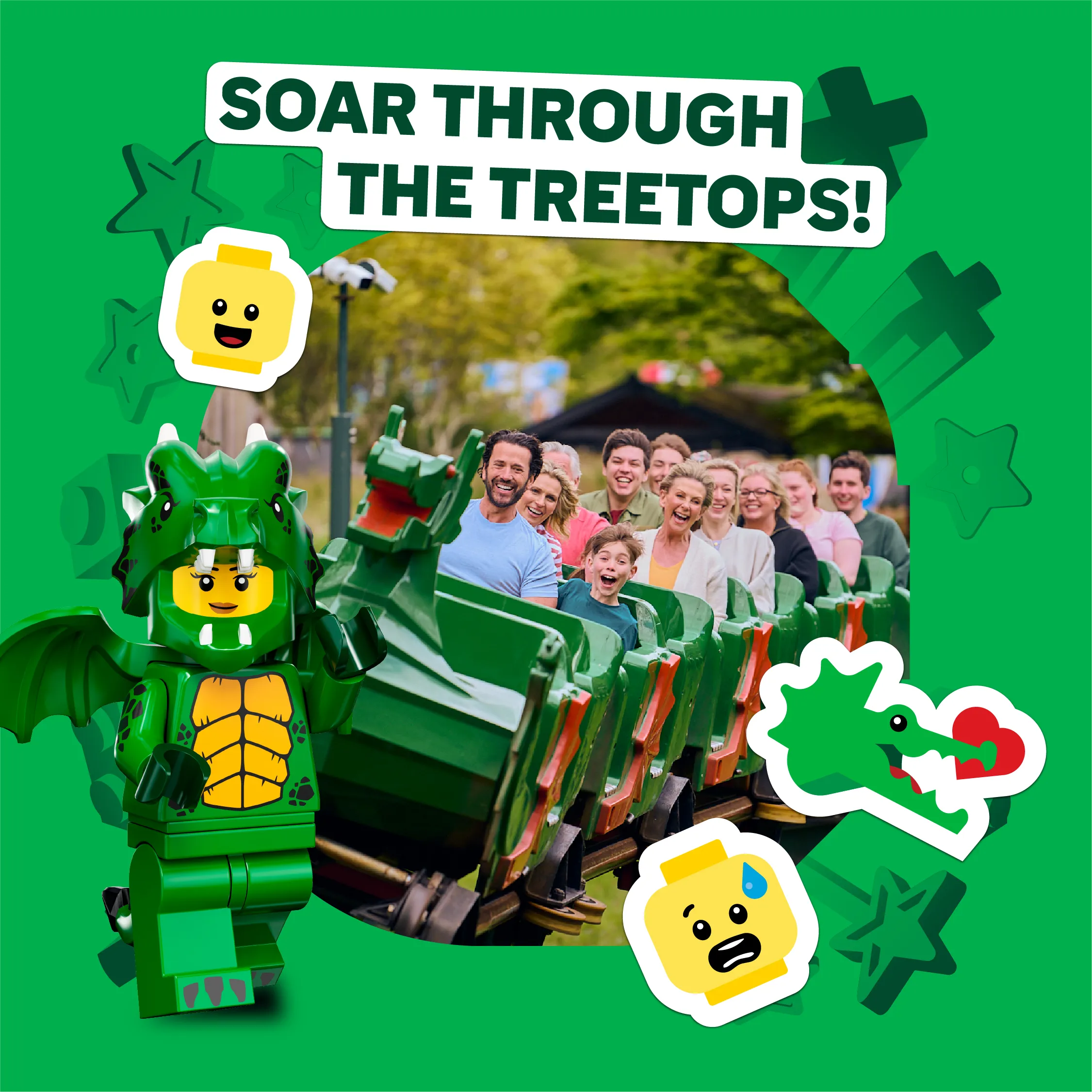 Families on The Dragon coaster with caption 