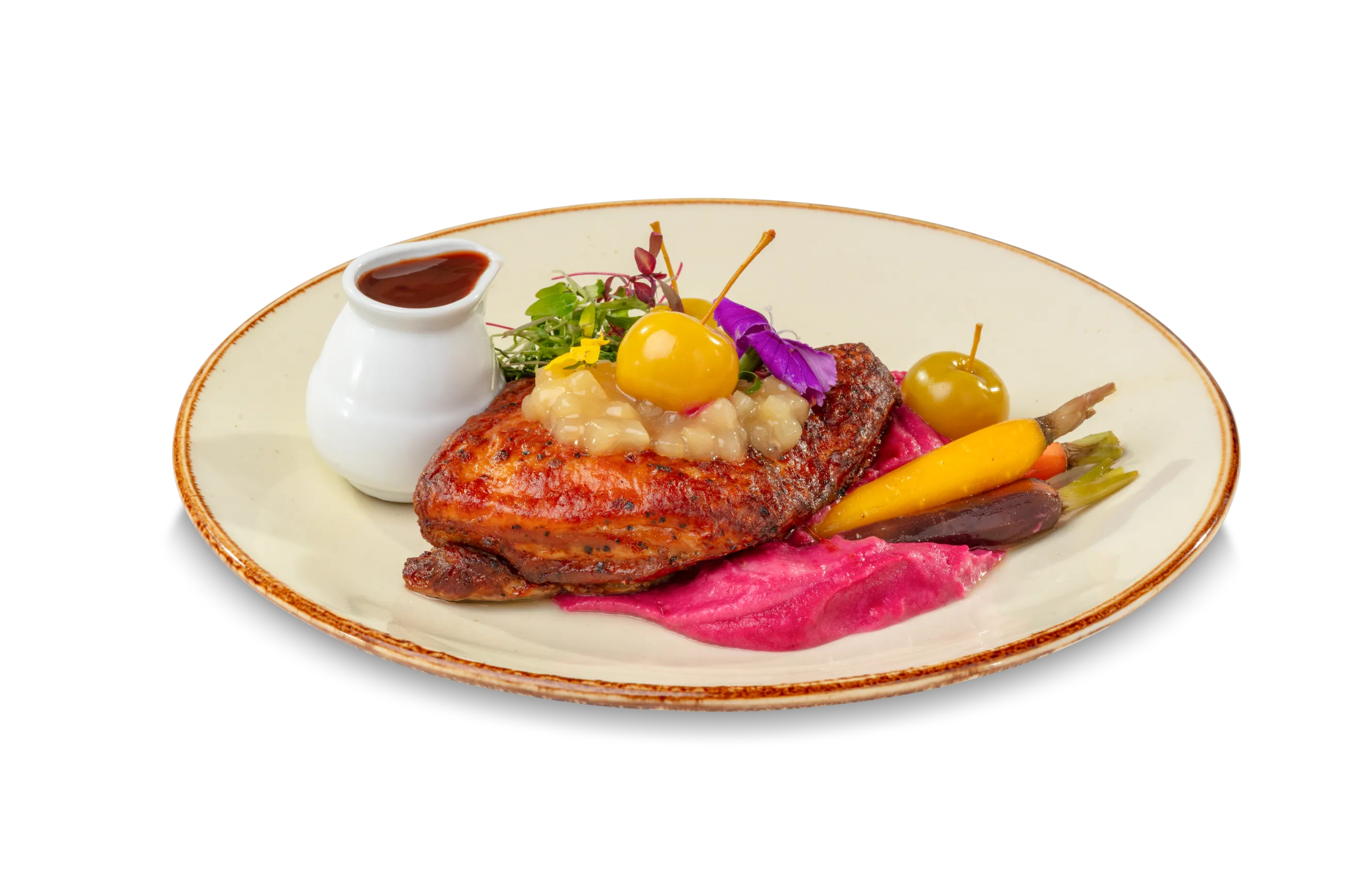 Pork Belly- Pork Belly served with a beetroot mashed potato, heritage carrots, a sage & apple sauce with a red wine jus. 