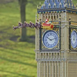 LEGO Father Christmas, sleigh and reindeer flying past Big Ben