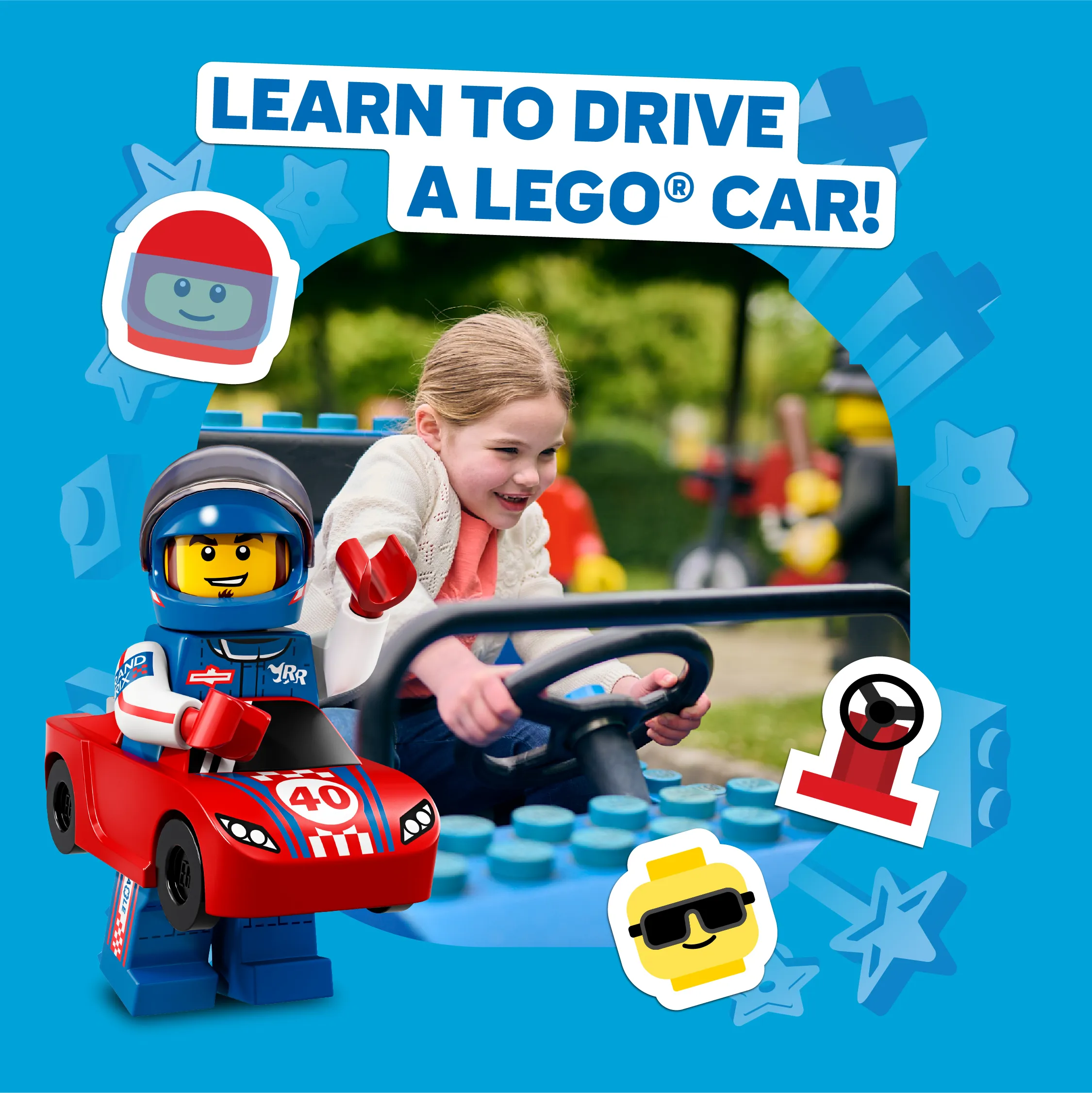 Girl driving LEGO City Driving School car with the Caption 