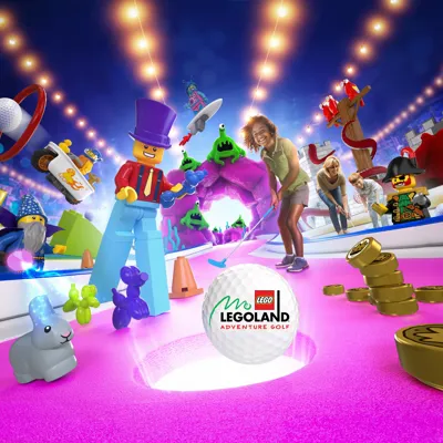 LEGOLAND Adventure Golf key visual with children playing golf, Minifigure models and a large golf ball with LEGOLAND Adventure Golf logo on it
