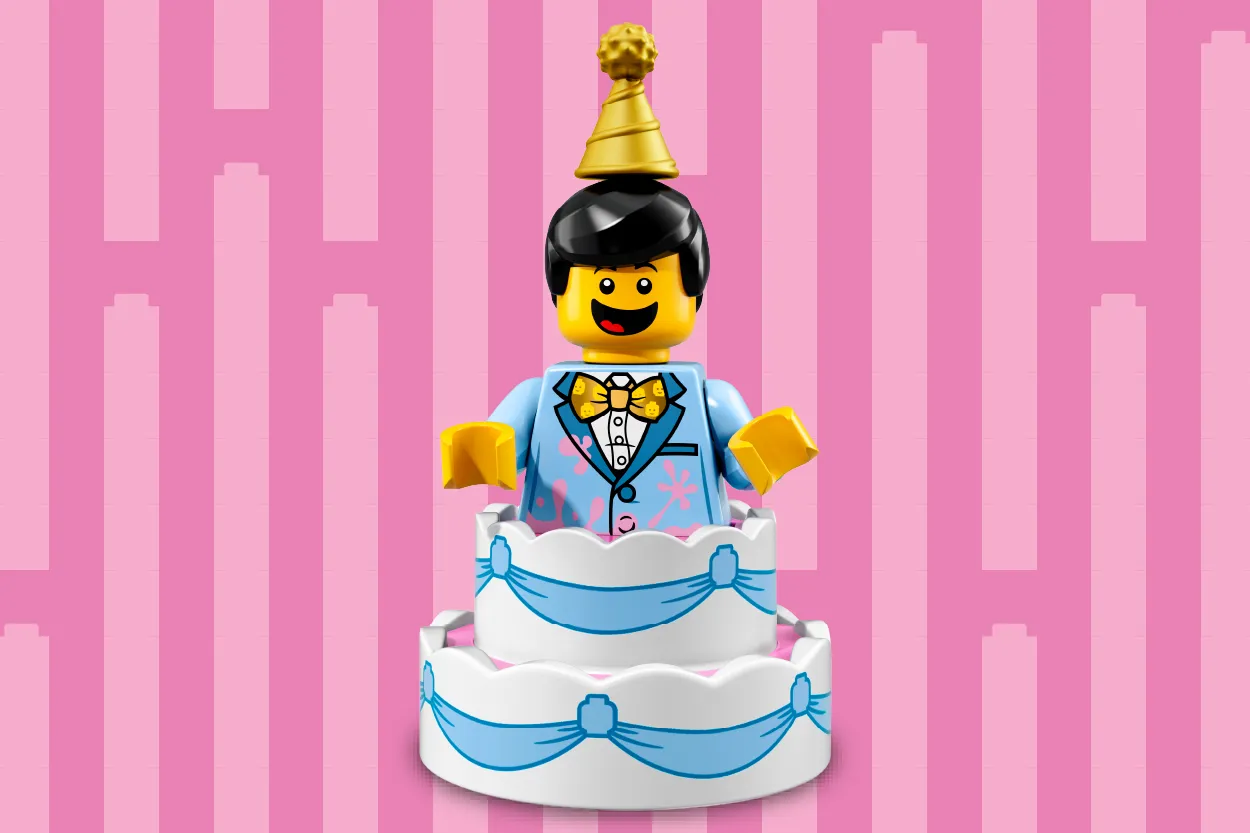 Cake Guy Minifigure in front of pink background