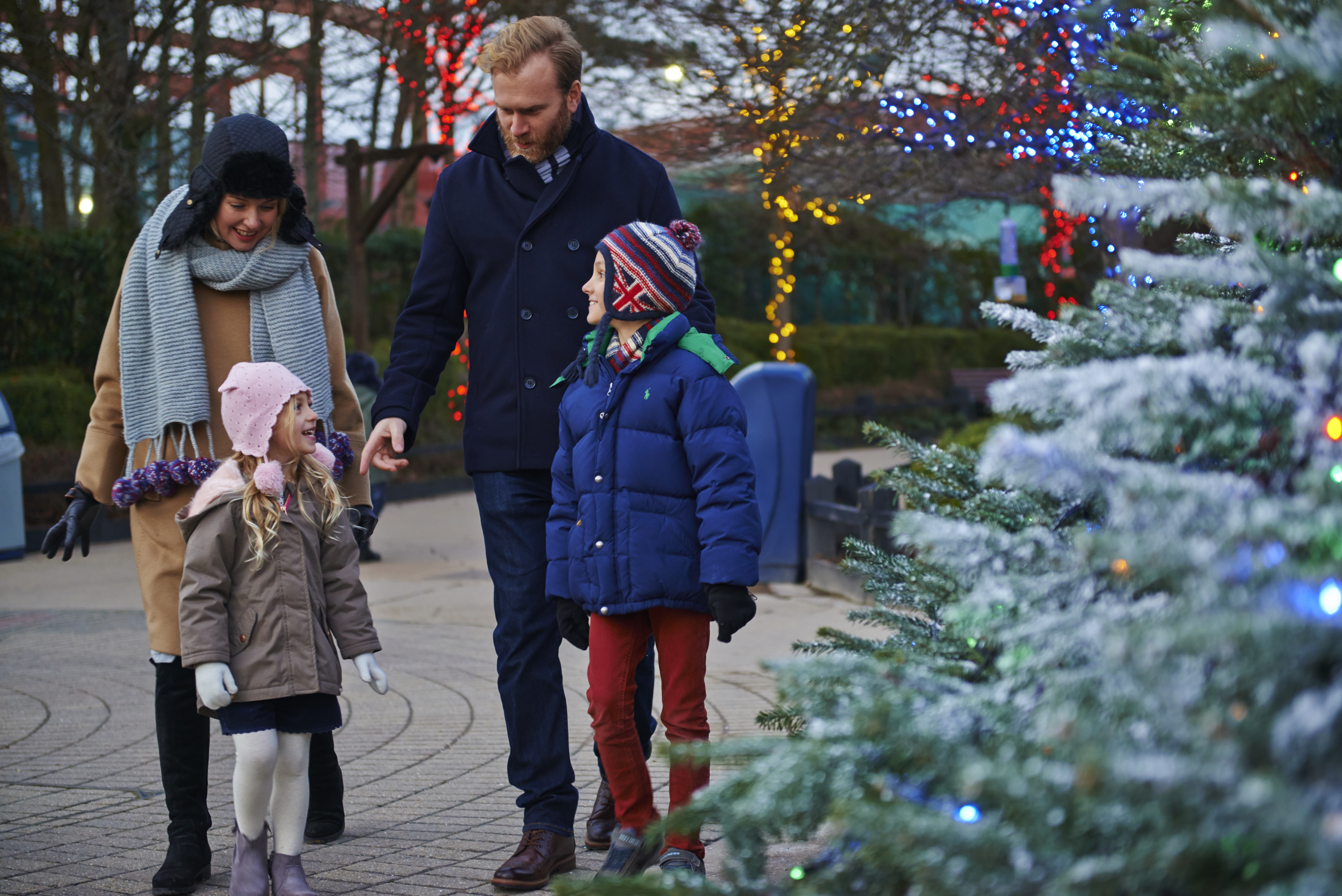 Family walking past snow covered Christmas trees and Christmas lights at LEGOLAND at Christmas