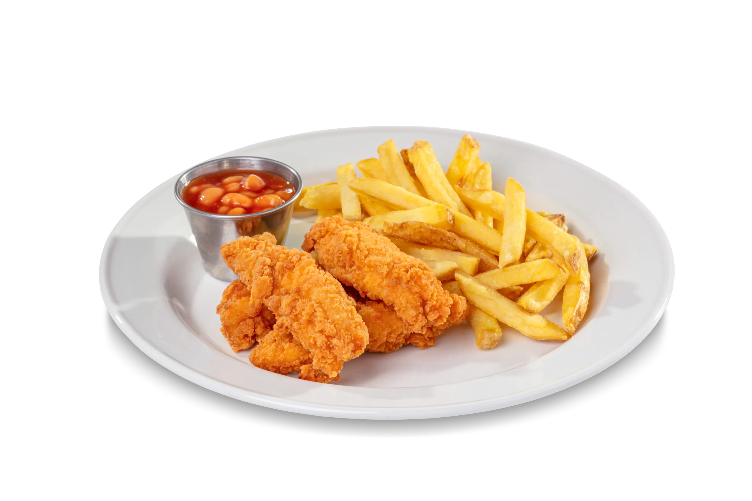 Kids Chicken Tenders- Crispy chicken tenders served with a choice of fries and baked beans.