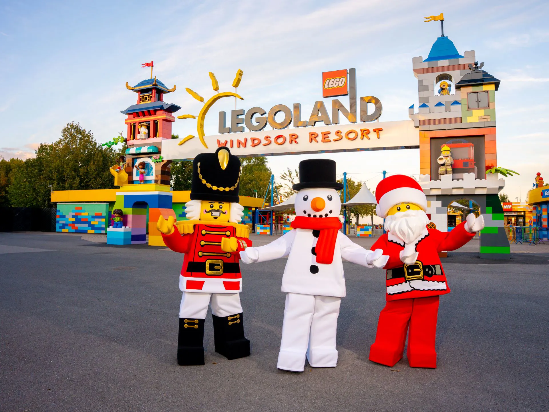 LEGO Soldier, Snowman and Santa standing at the entrance to LEGOLAND Windsor Resort