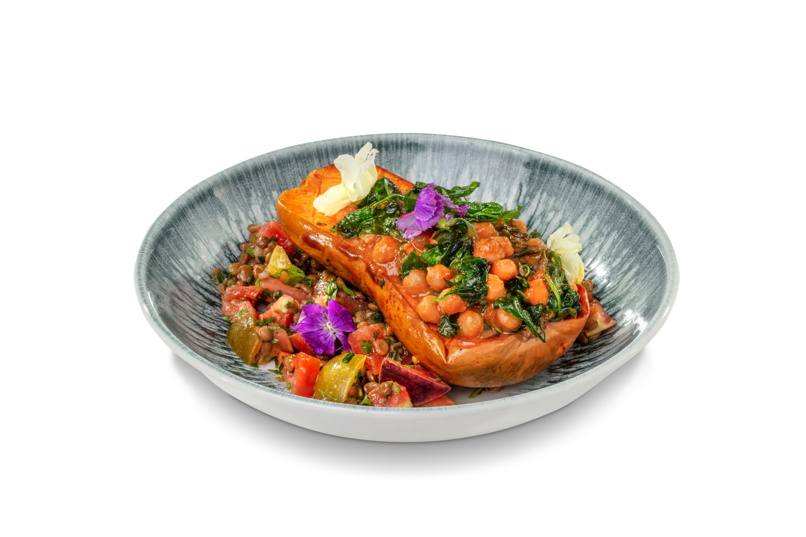 Butternut Squash - Roasted Butternut Squash Stuffed with a Spinach and chickpea curry served with mixed lentil salad.