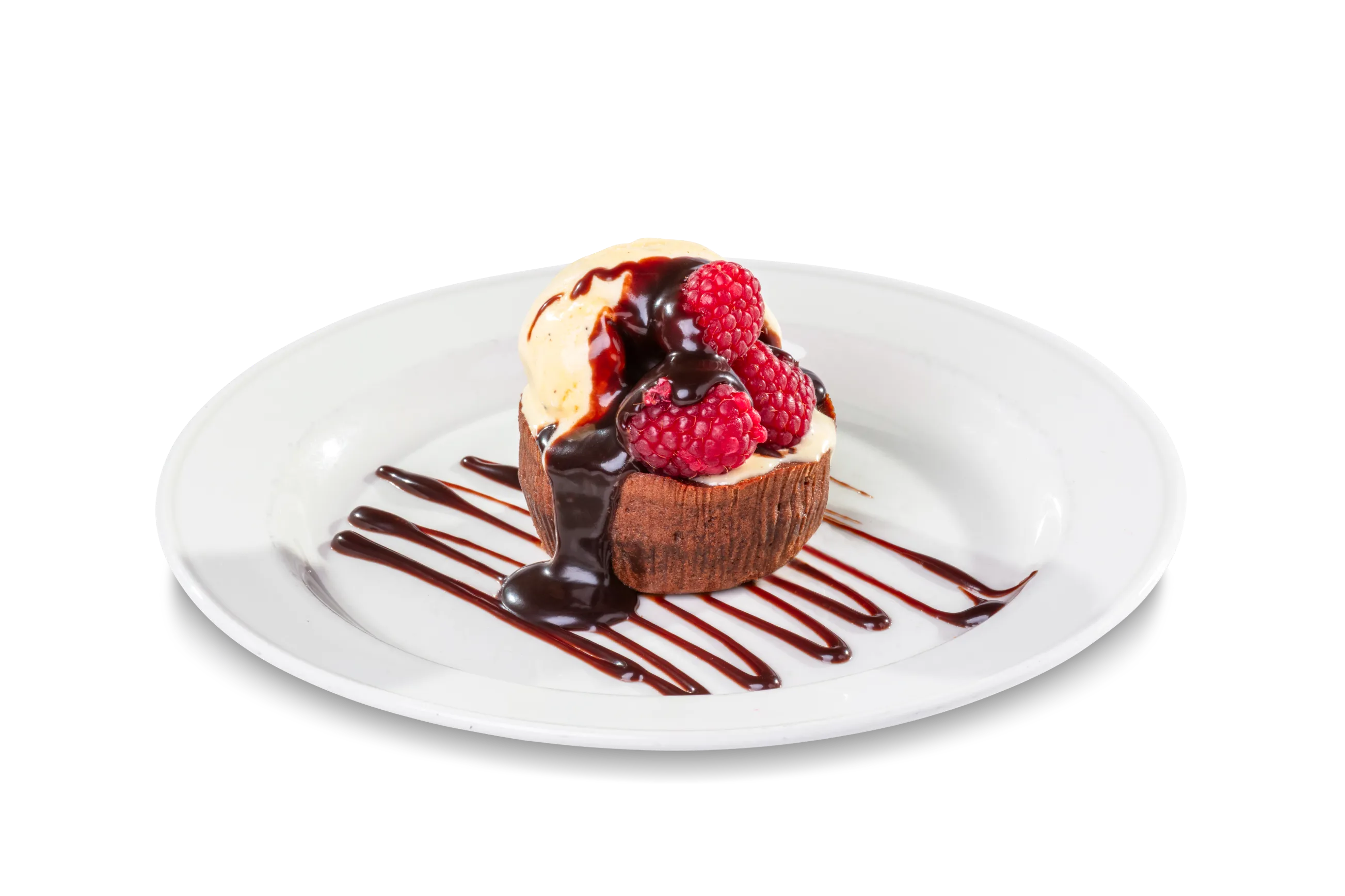Chocolate Lava Cake- Warm chocolate lava cake served with vanilla ice cream & raspberries.