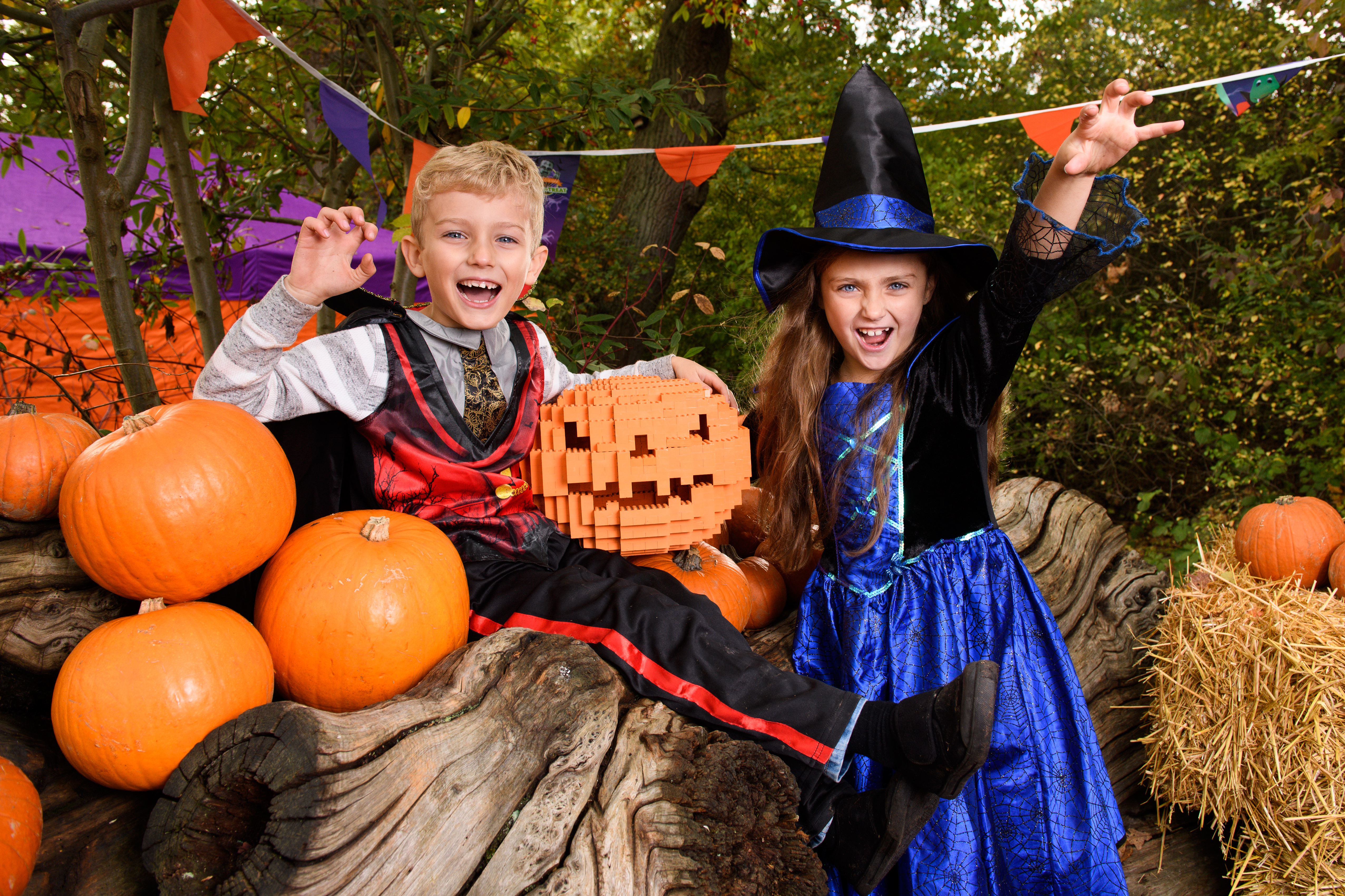 Children in Halloween costumes with LEGO pumpkin in the Enchanted Forest pumpkin patch during Brick or Treat at the LEGOLAND Windsor Resort