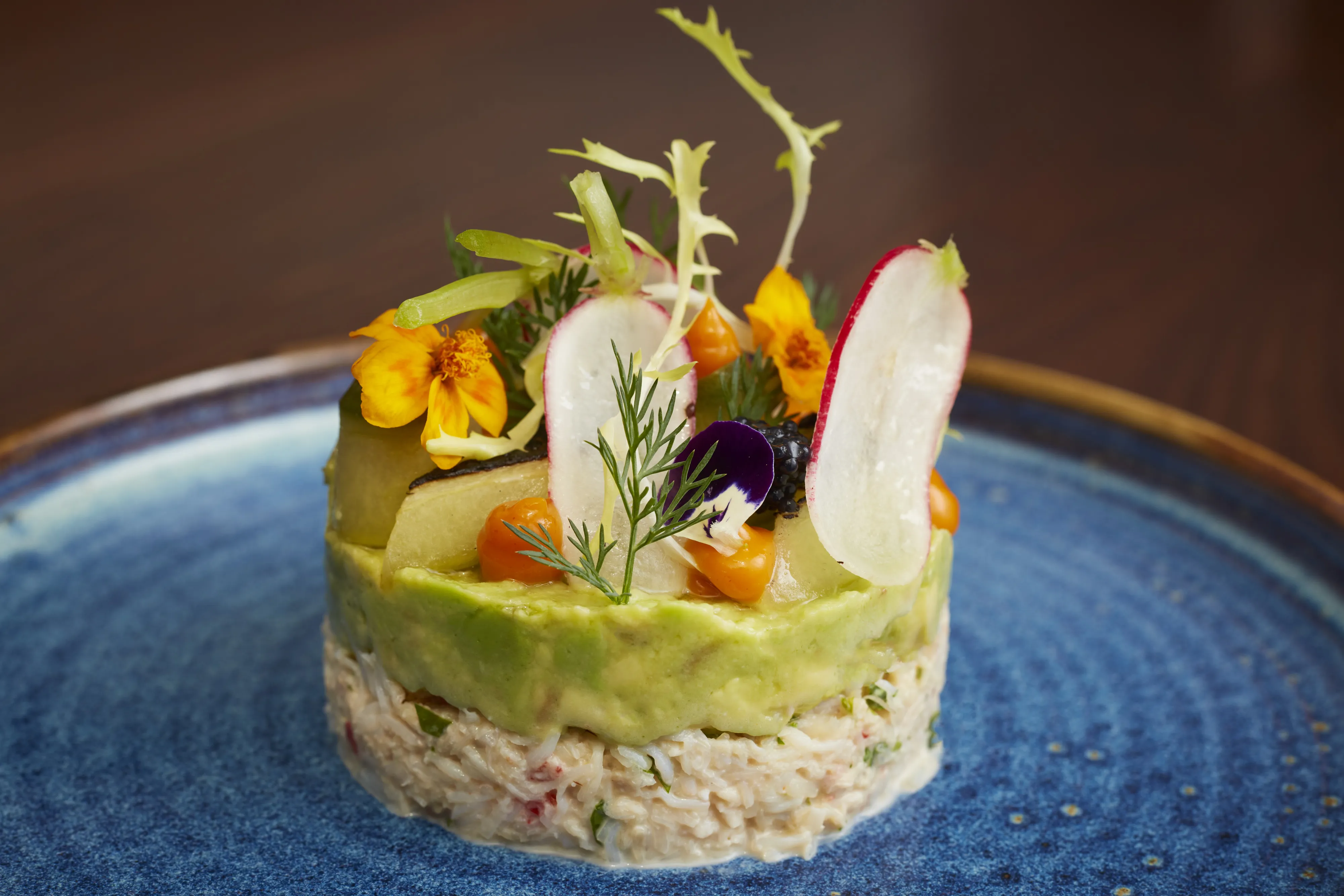 Devonshire Crab - Avocado, Caviar, Radish, Creme Fraiche, Sea Buckhorn Puree, Pickled Cucumber